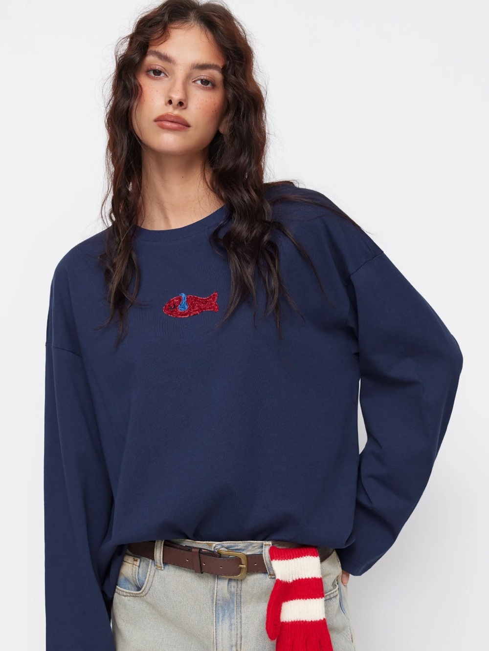 NWT - Cider Navy Long Sleeved Tee w Red Embroidery